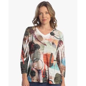 Jess & Jane Large Abstract Art Top V-Neck 3/4 Sleeve‎ Made in USA Large